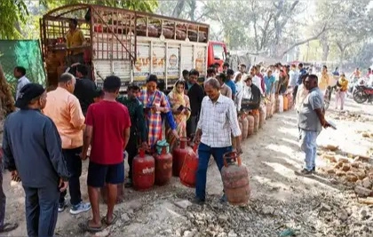 prayagraj mar 12 ani people wait in a queue with lpg cylinders ahead of holi converted